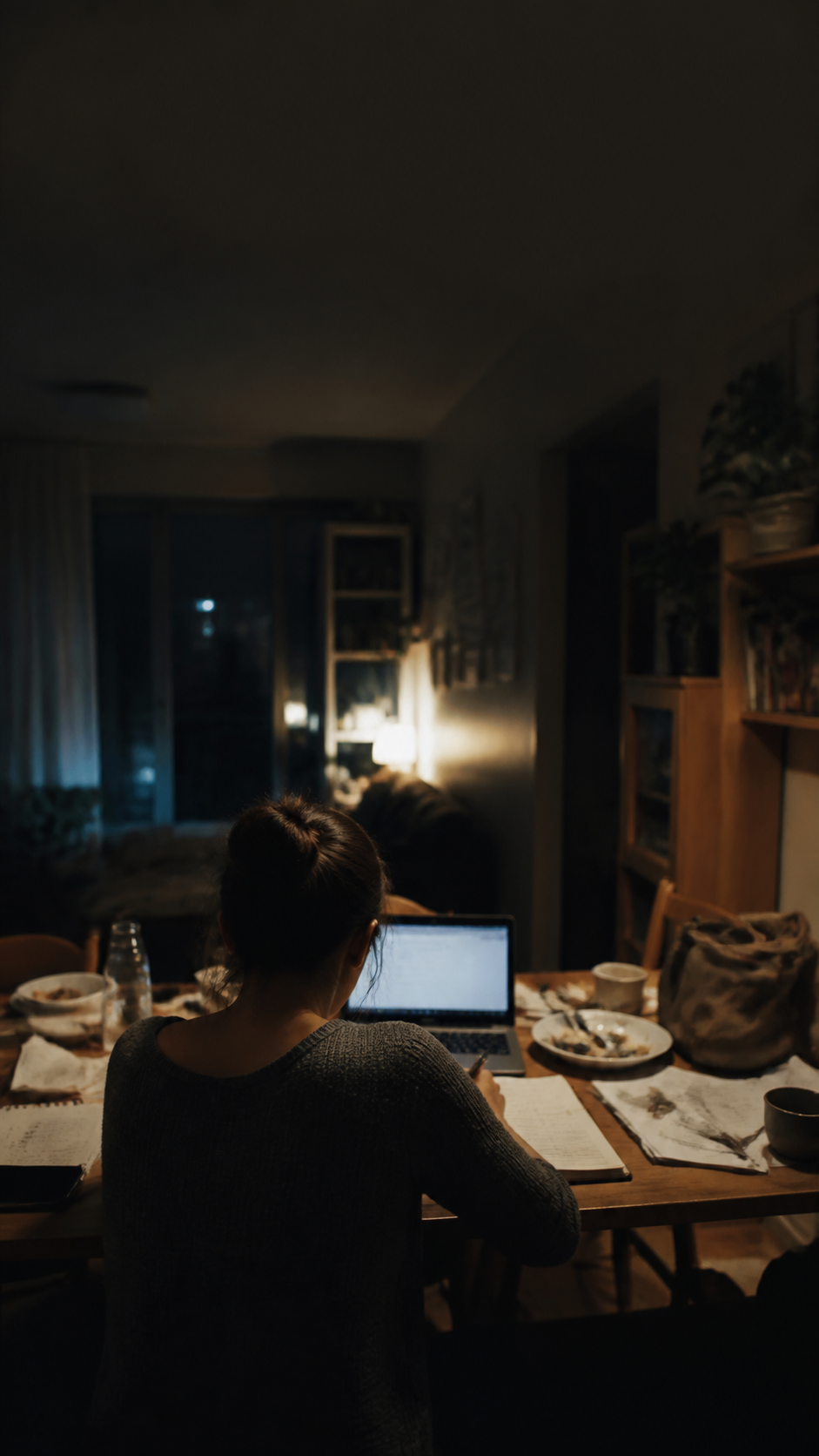 Eine Person arbeitet abends noch am vollen Esstisch